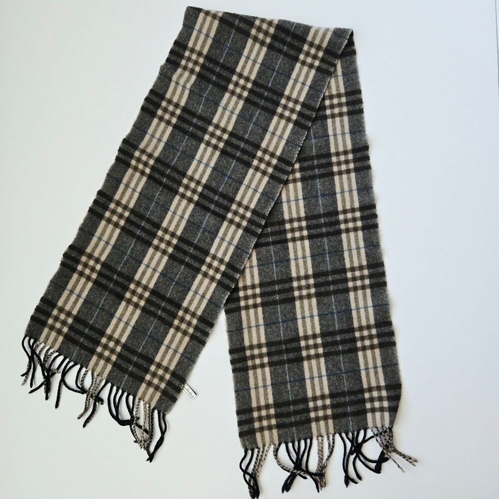 Enzo Montovani Cashmere & Wool Plaid Scarf Fringe Edges Check Pattern Brown